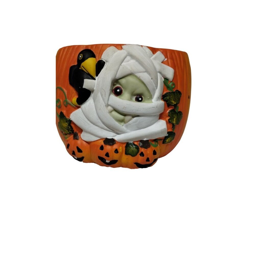 Halloween Mummy Pumpkin Planter‎ With Crow & Jack-O-Lanterns - 4" Tall 4.5" Wide